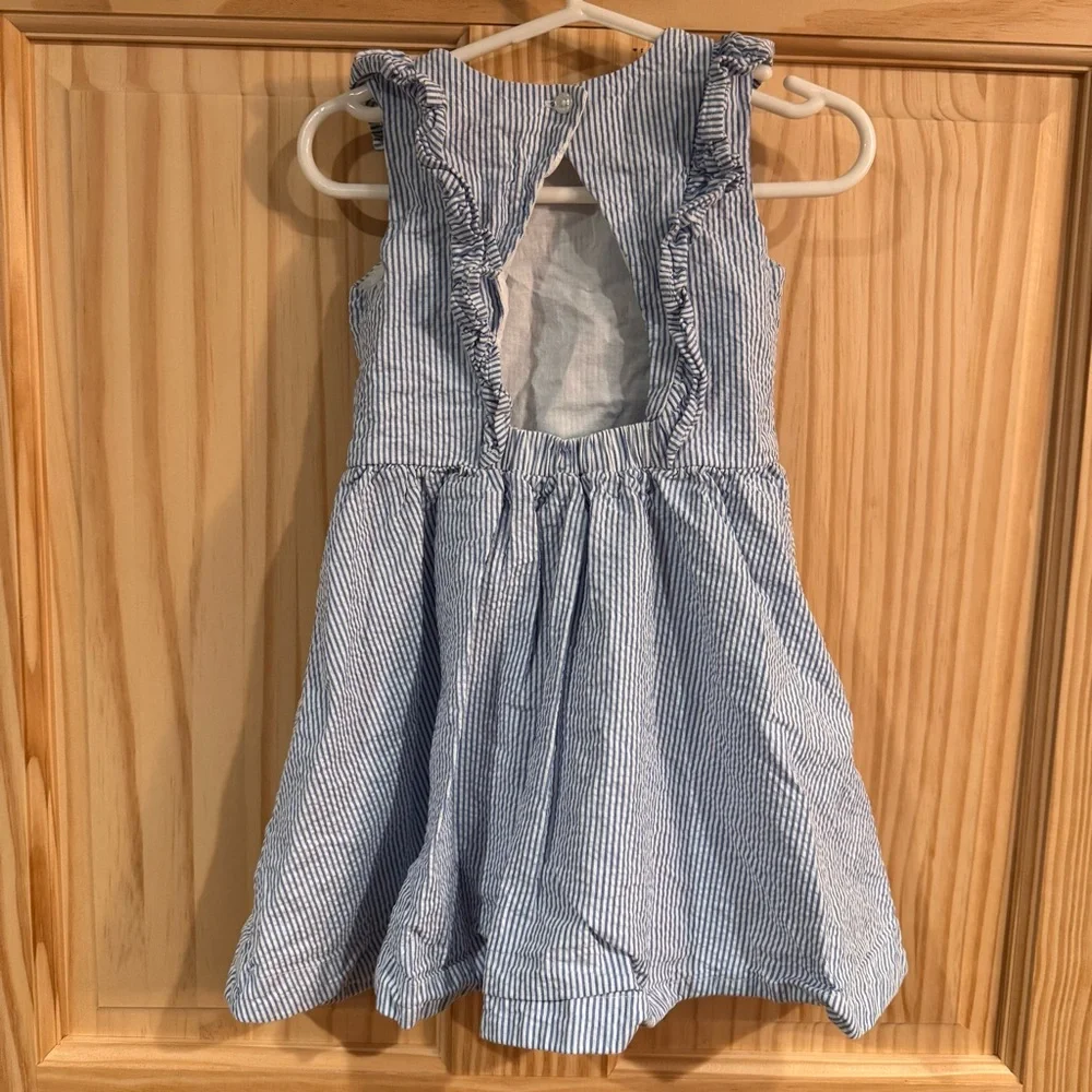 Hope & Henry Girl Blue White Seersucker Ruffle Open Back Organic Cotton Dress 2T